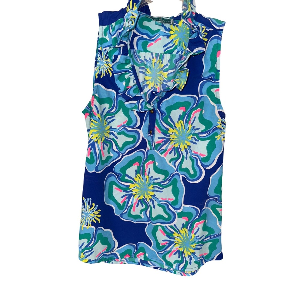 Southern Frock sleeveless‎ ruffle collar tank blouse size XS Blue Floral